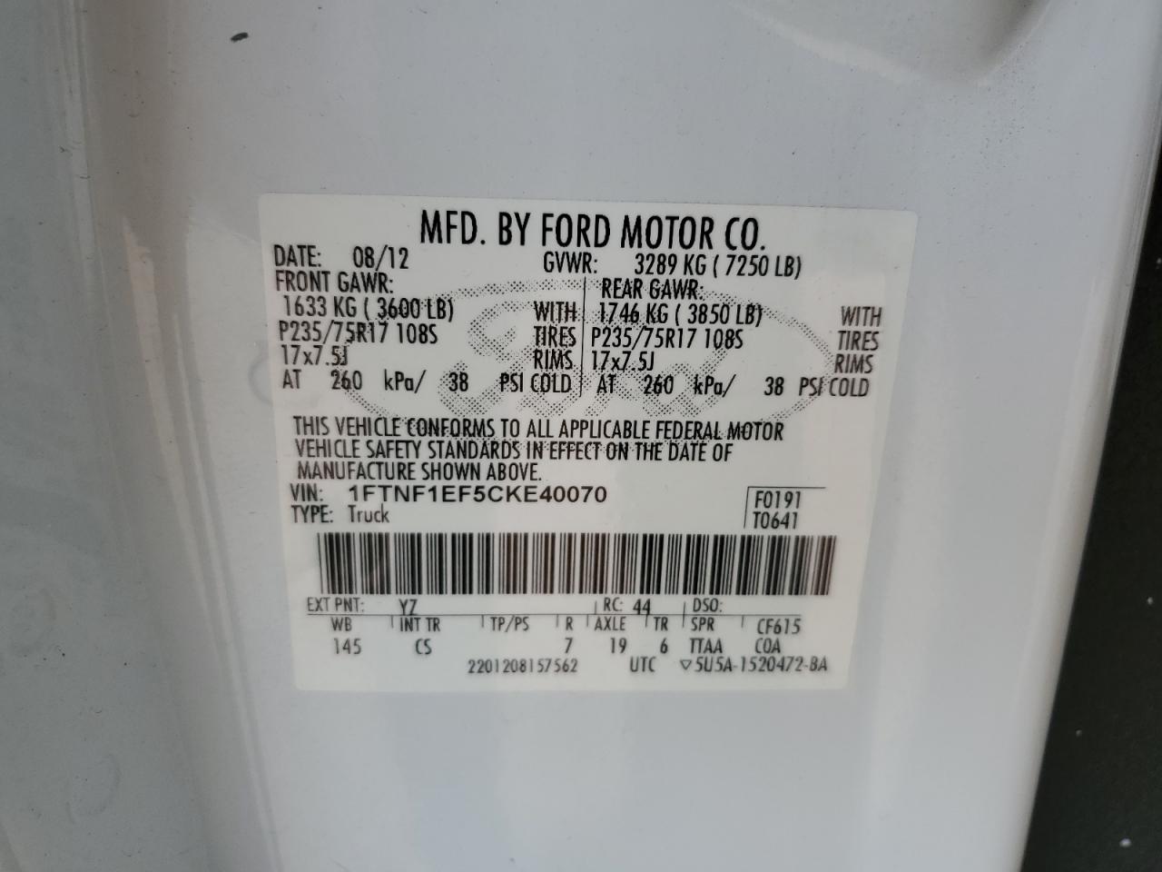 2012 Ford F150 VIN: 1FTNF1EF5CKE40070 Lot: 84264335