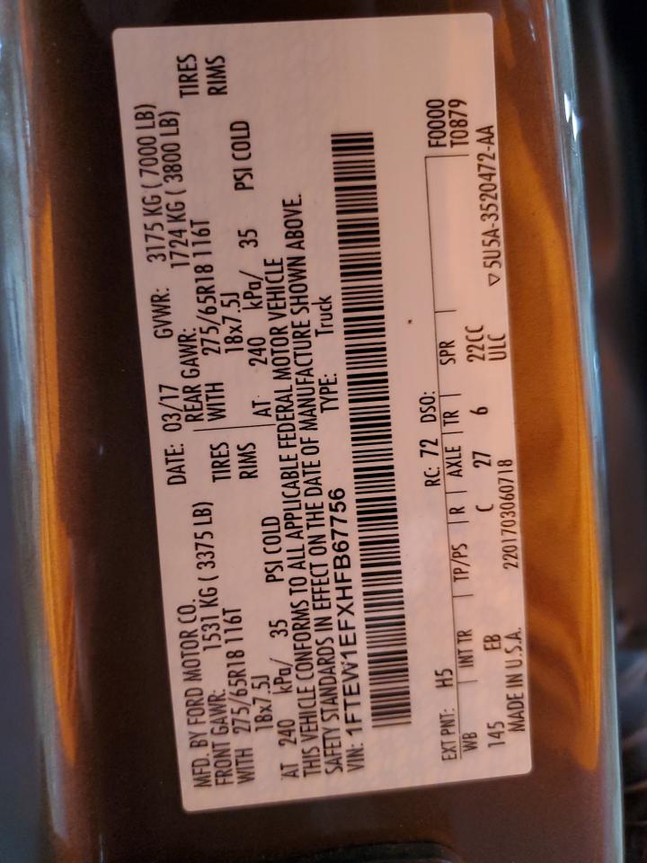 2017 Ford F150 Supercrew VIN: 1FTEW1EFXHFB67756 Lot: 81801285