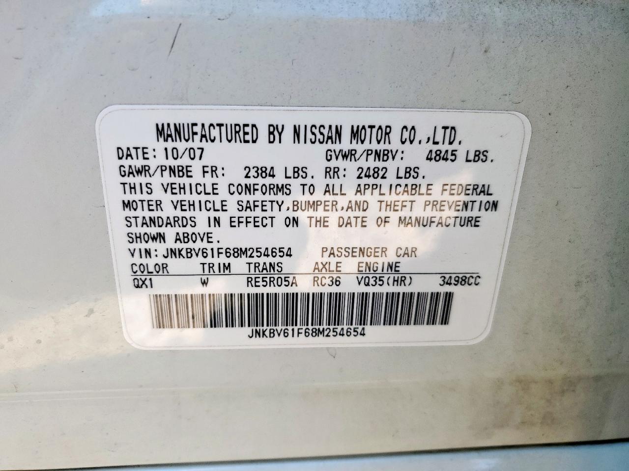 2008 Infiniti G35 VIN: JNKBV61F68M254654 Lot: 81943765
