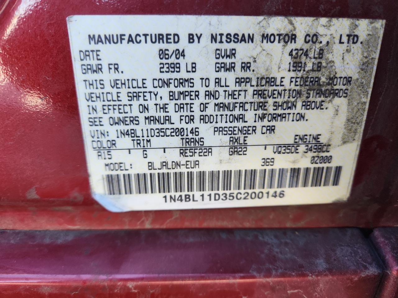 2005 Nissan Altima Se VIN: 1N4BL11D35C200146 Lot: 83806555