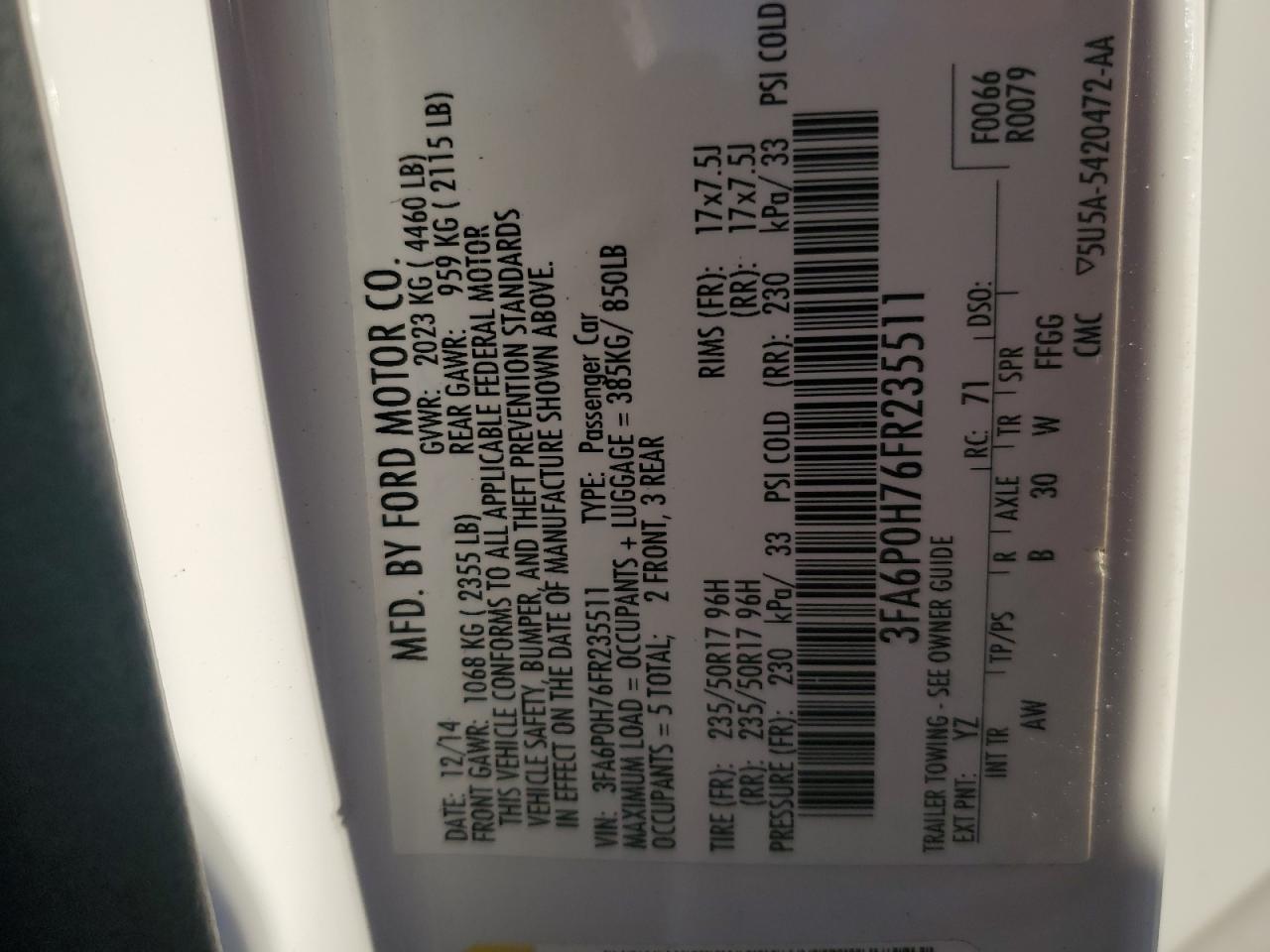 2015 Ford Fusion Se VIN: 3FA6P0H76FR235511 Lot: 84183255