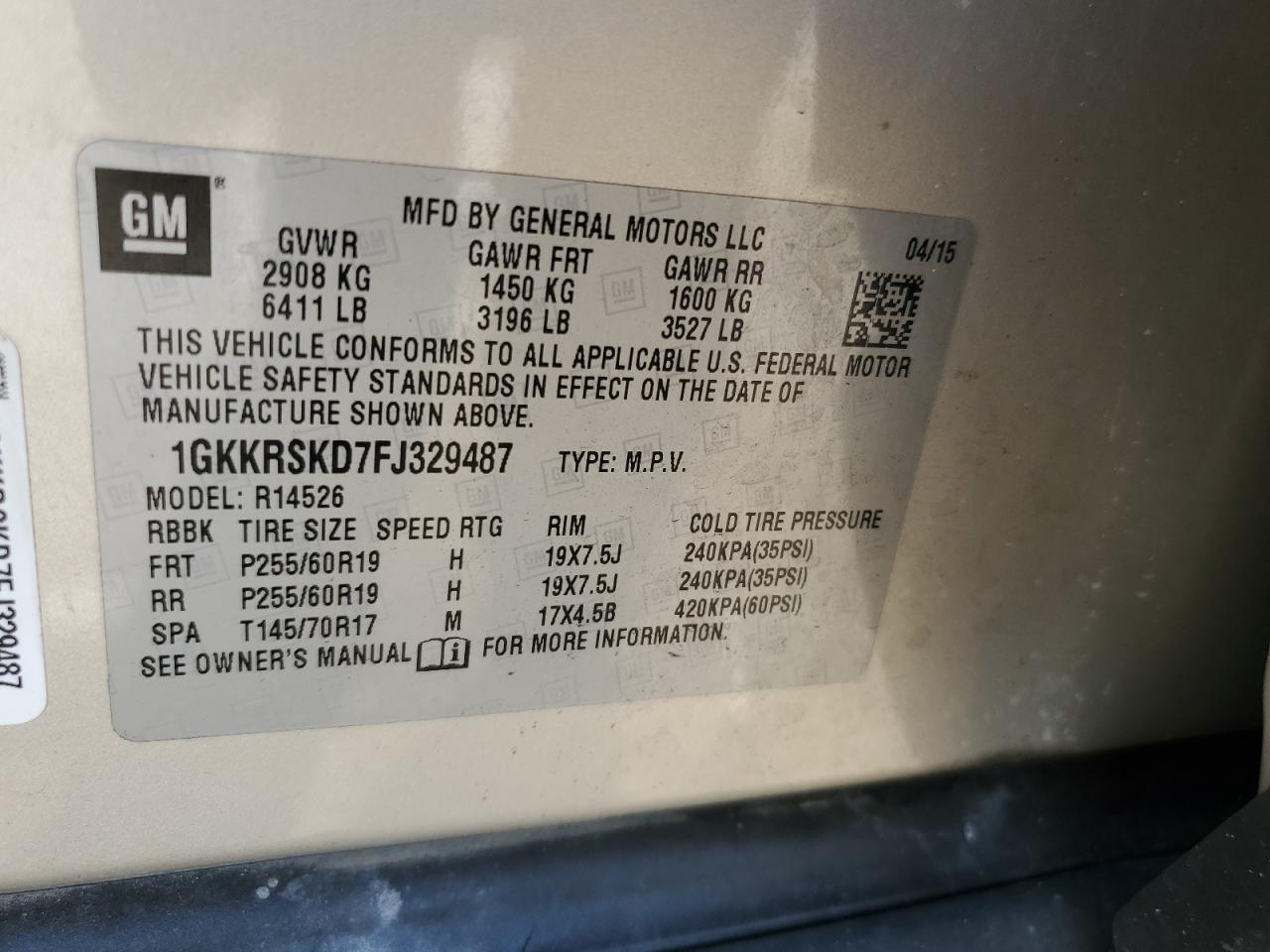 2015 GMC Acadia Slt-2 VIN: 1GKKRSKD7FJ329487 Lot: 80144955