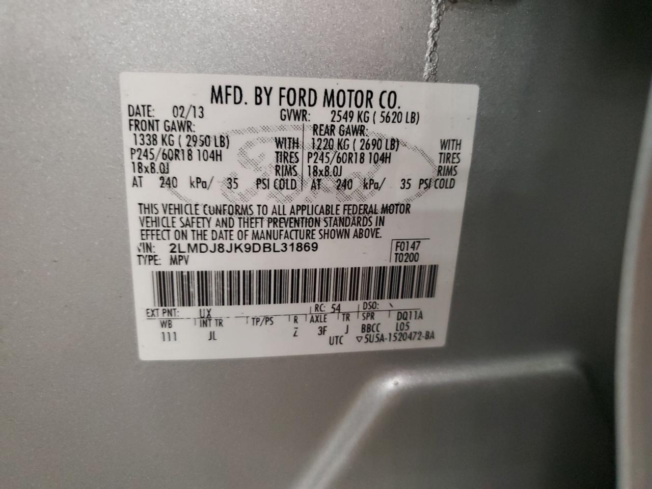 2013 Lincoln Mkx VIN: 2LMDJ8JK9DBL31869 Lot: 84400835