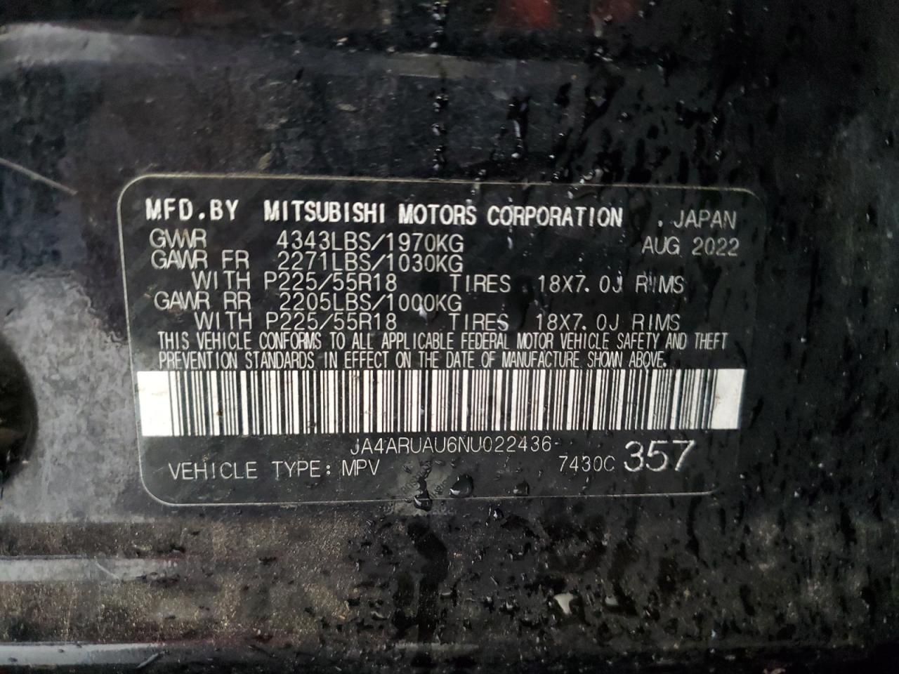 2022 Mitsubishi Outlander Sport Es VIN: JA4ARUAU6NU022436 Lot: 80619195