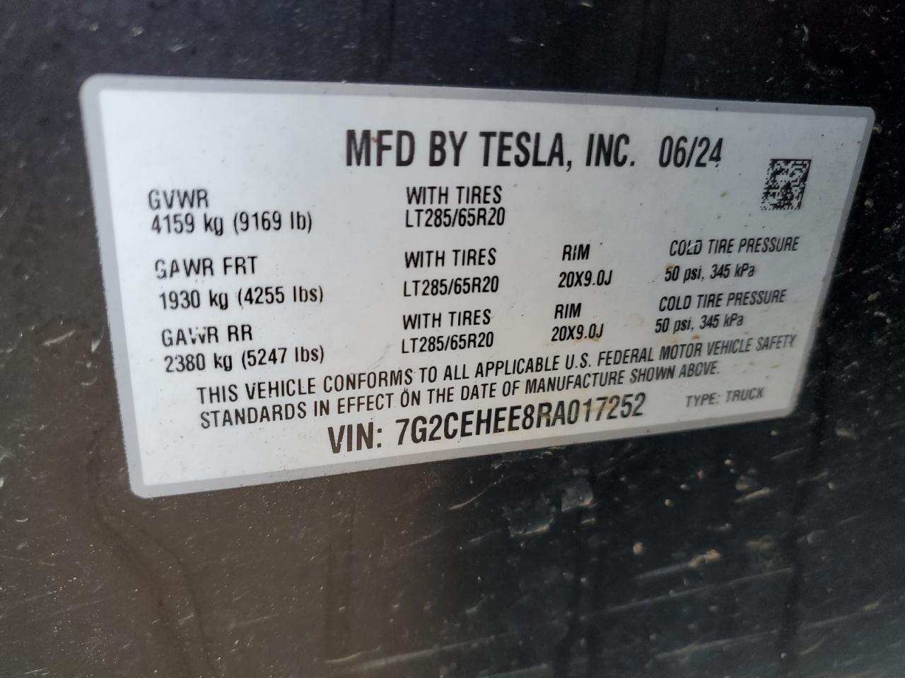 2024 Tesla Cybertruck VIN: 7G2CEHEE8RA017252 Lot: 71774815