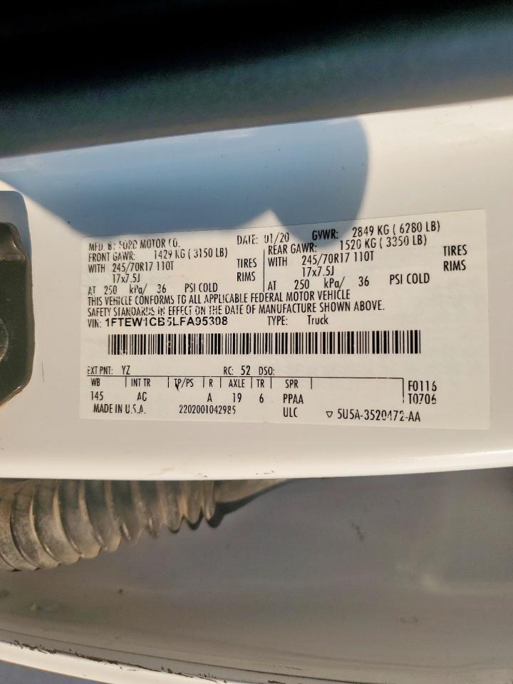 2020 Ford F150 Supercrew VIN: 1FTEW1CB5LFA95308 Lot: 80835055