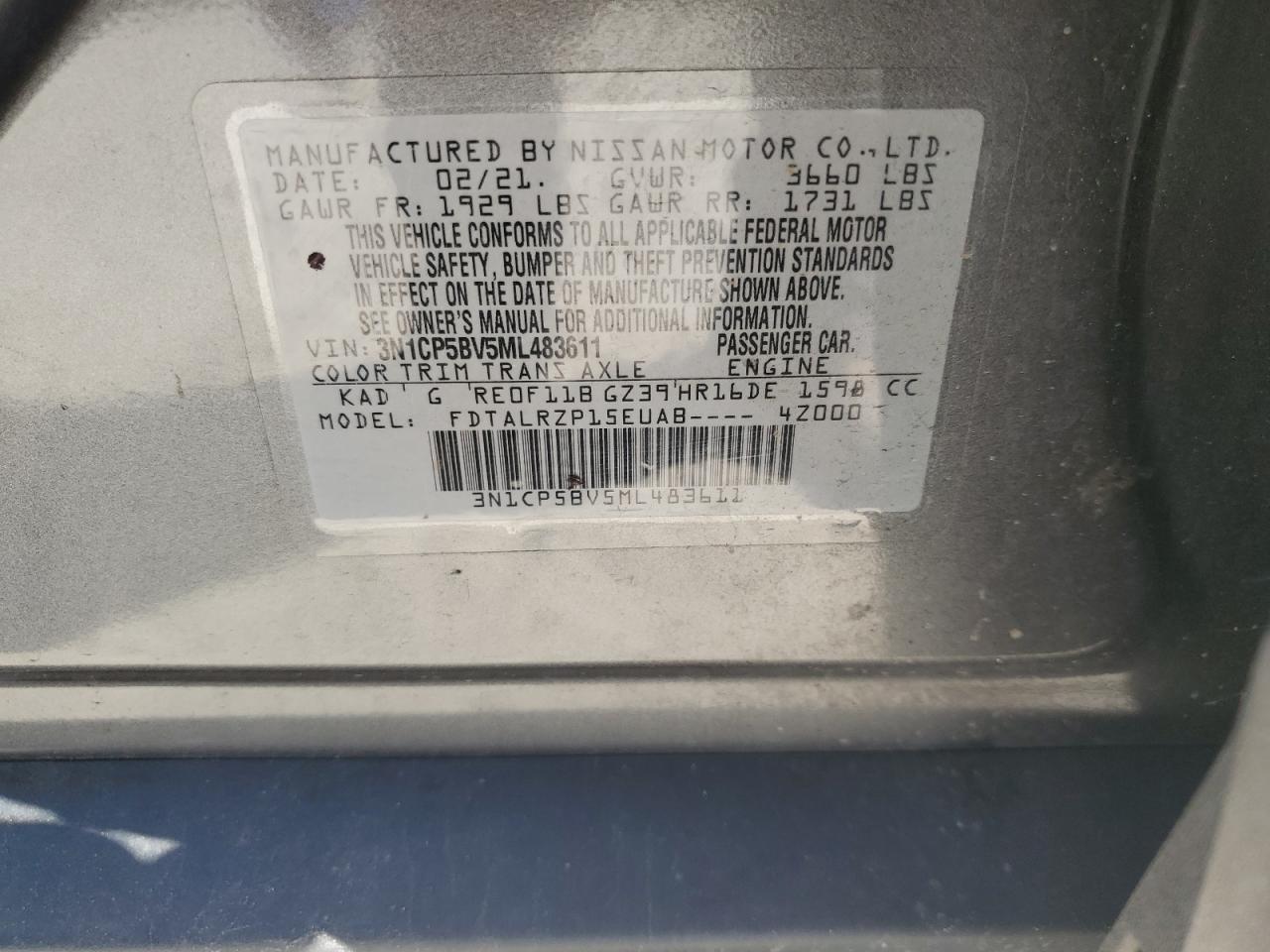 2021 Nissan Kicks S VIN: 3N1CP5BV5ML483611 Lot: 70898935