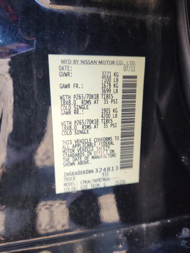 2011 Nissan Titan S VIN: 1N6BA0EK0BN324813 Lot: 71072175