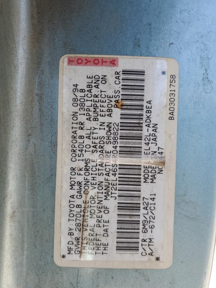 1994 Toyota Tercel Std VIN: JT2EL46S4R0498822 Lot: 81700995