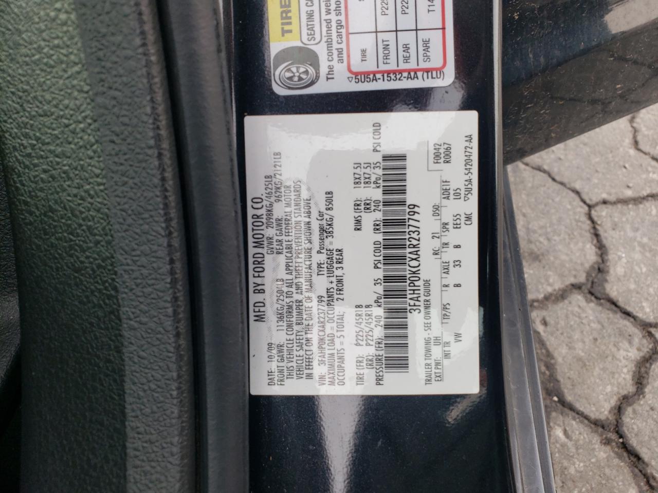 2010 Ford Fusion Sport VIN: 3FAHP0KCXAR237799 Lot: 81386025