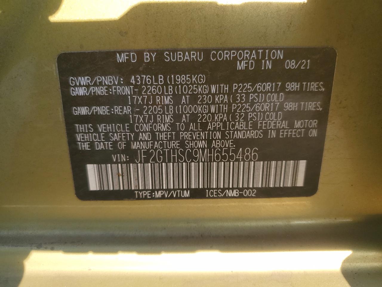 2021 Subaru Crosstrek Sport VIN: JF2GTHSC9MH655486 Lot: 81444265