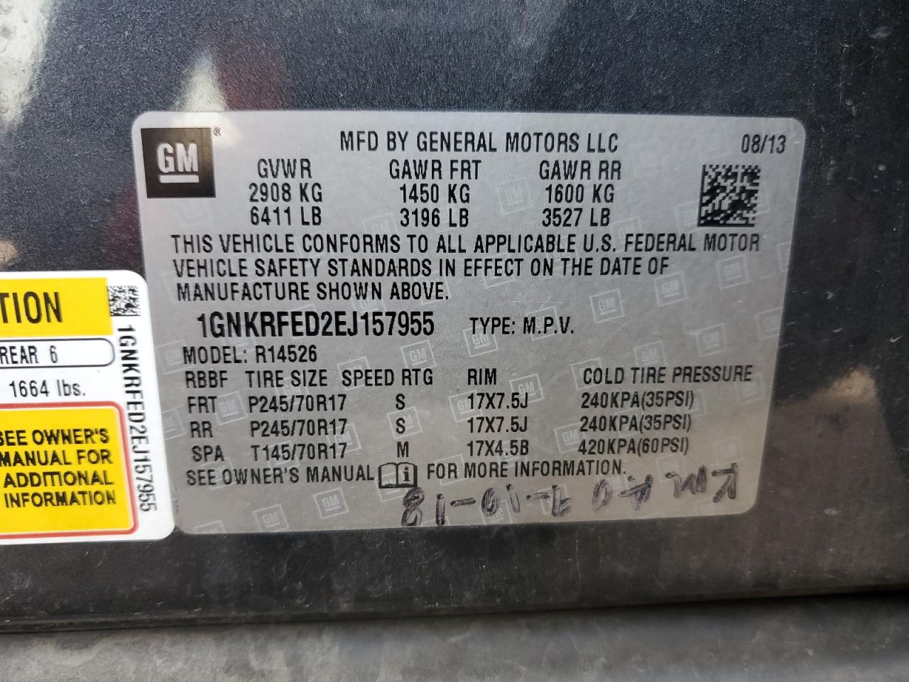 2014 Chevrolet Traverse Ls VIN: 1GNKRFED2EJ157955 Lot: 81005695
