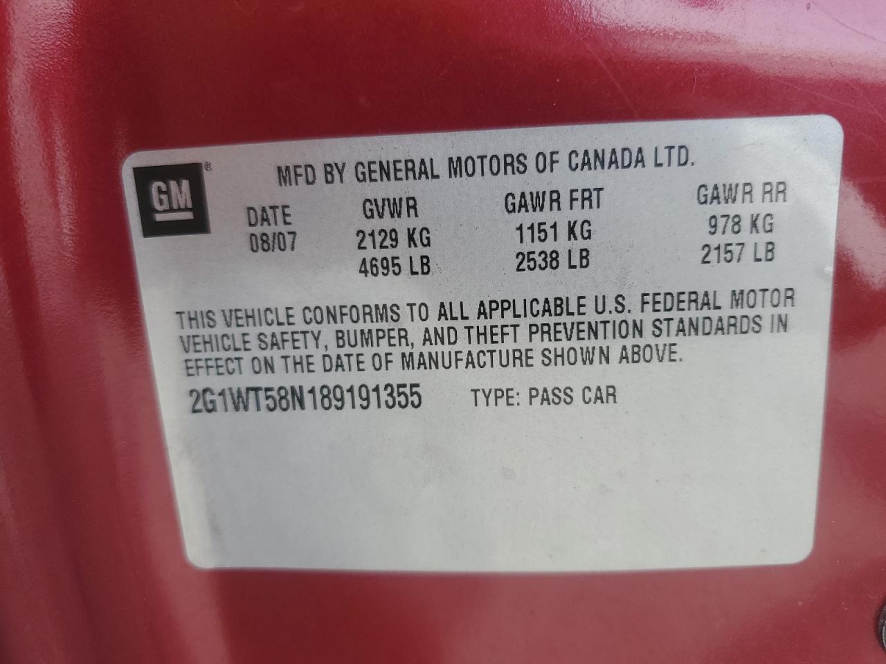 2008 Chevrolet Impala Lt VIN: 2G1WT58N189191355 Lot: 84591635