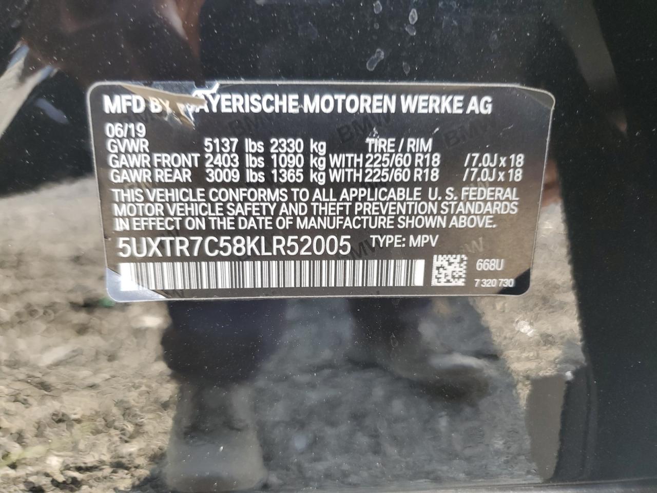 2019 BMW X3 Sdrive30I VIN: 5UXTR7C58KLR52005 Lot: 81422105