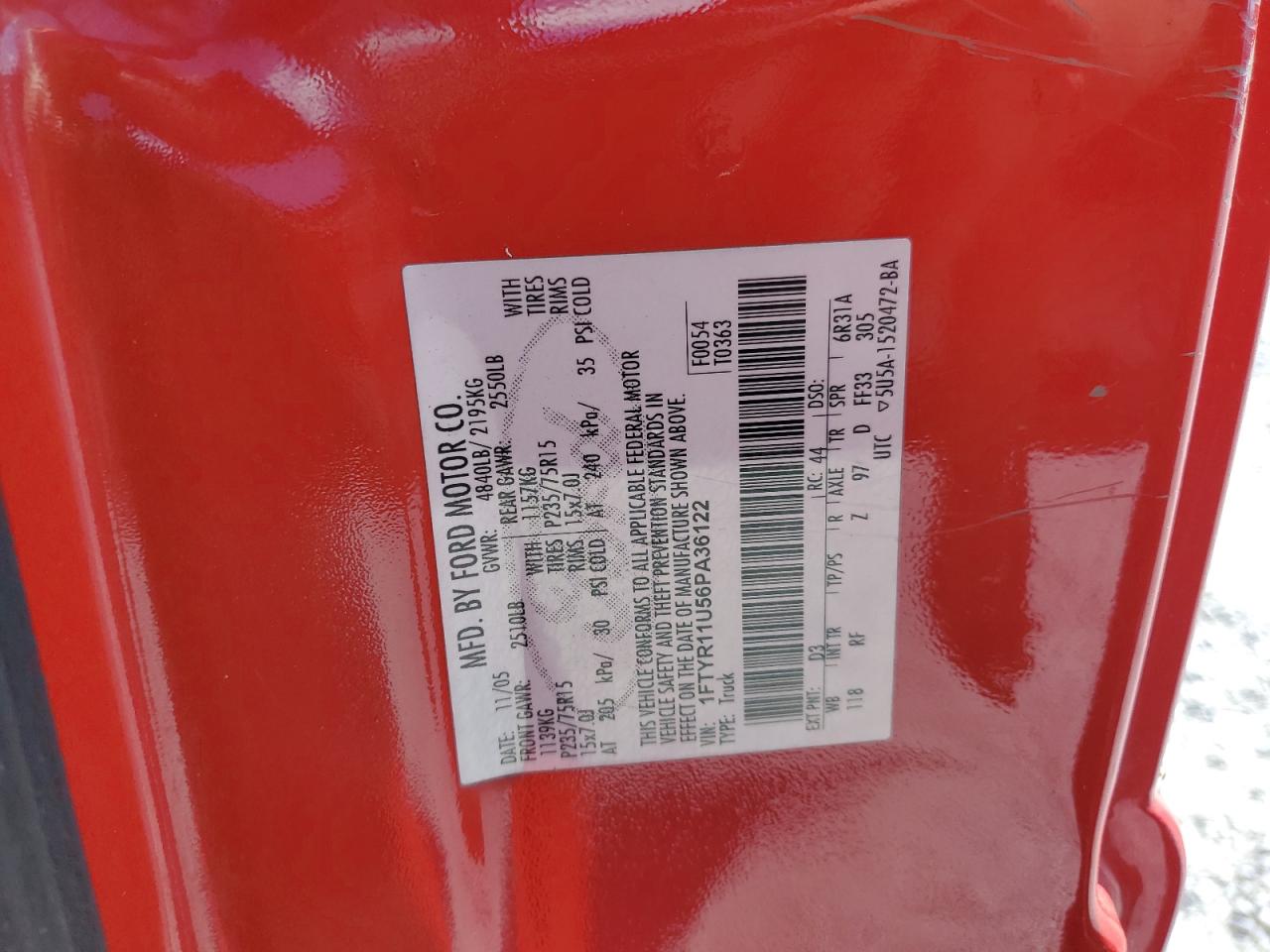 2006 Ford Ranger VIN: 1FTYR11U56PA36122 Lot: 71095315