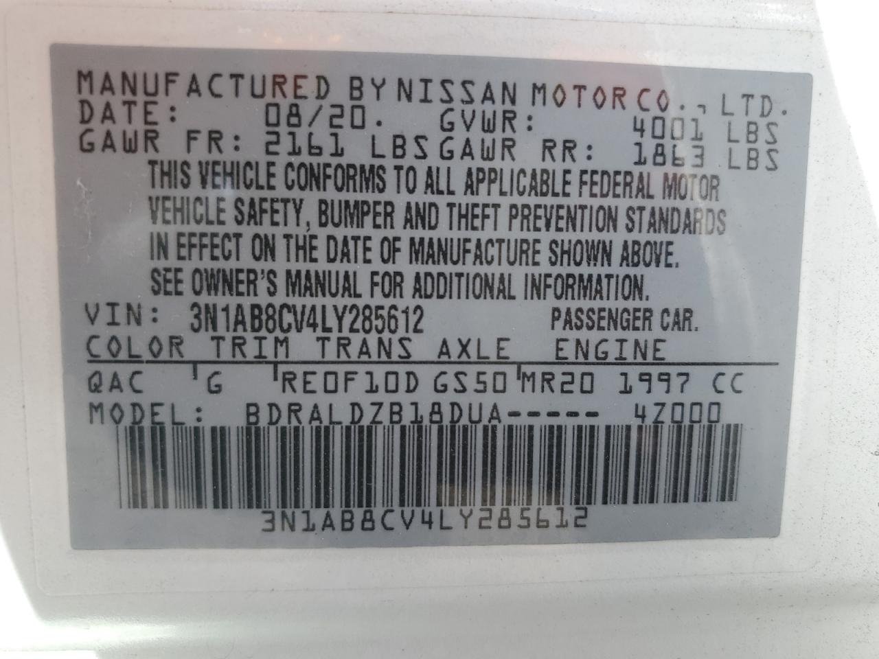 2020 Nissan Sentra Sv VIN: 3N1AB8CV4LY285612 Lot: 81454155