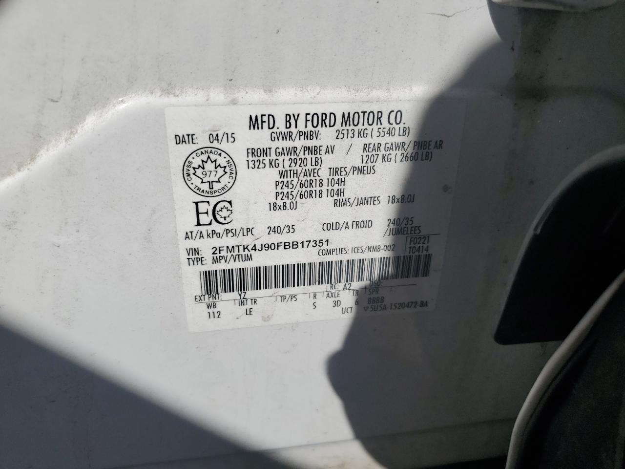 2015 Ford Edge Sel VIN: 2FMTK4J90FBB17351 Lot: 84385635