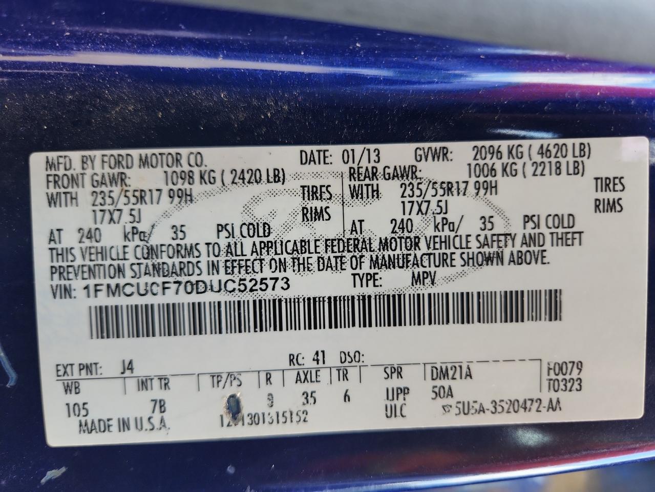 2013 Ford Escape S VIN: 1FMCU0F70DUC52573 Lot: 84632135