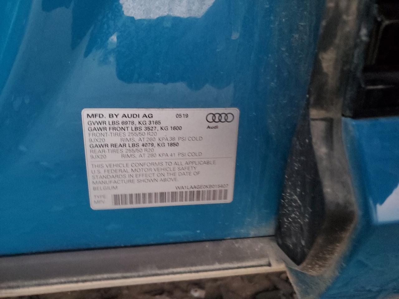 2019 Audi E-Tron Premium Plus VIN: WA1LAAGE0KB015407 Lot: 84556865