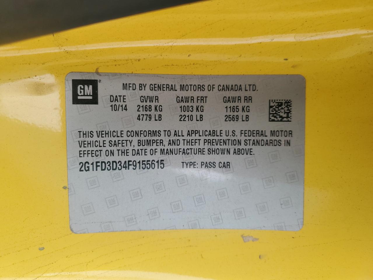 2015 Chevrolet Camaro Lt VIN: 2G1FD3D34F9155615 Lot: 71740605
