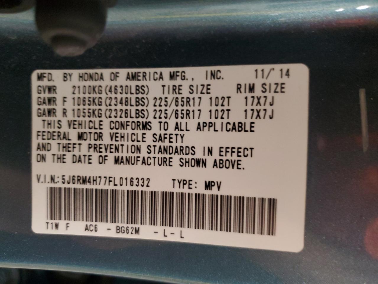 2015 Honda Cr-V Exl VIN: 5J6RM4H77FL016332 Lot: 83803765