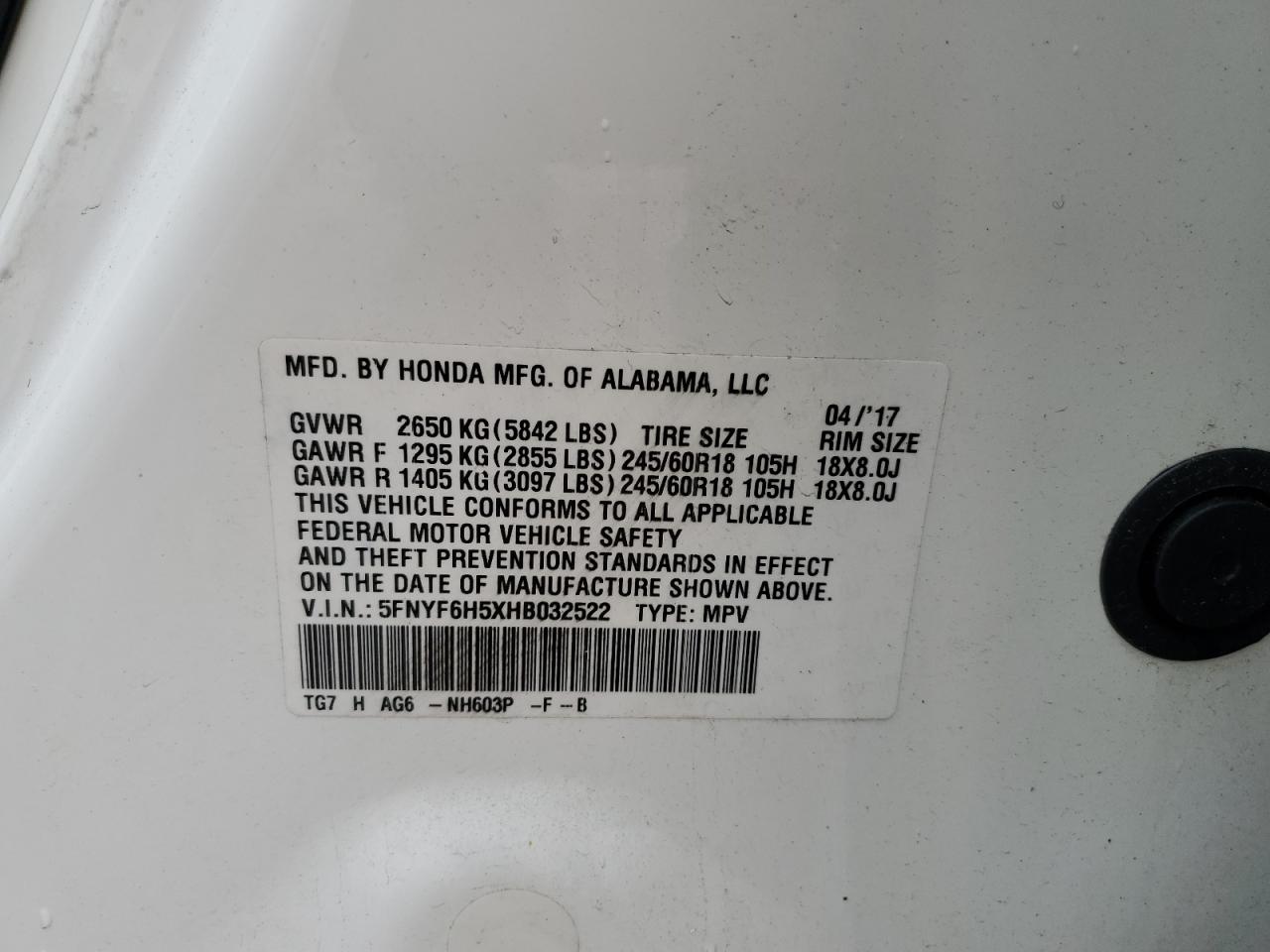 2017 Honda Pilot Exl VIN: 5FNYF6H5XHB032522 Lot: 80847775