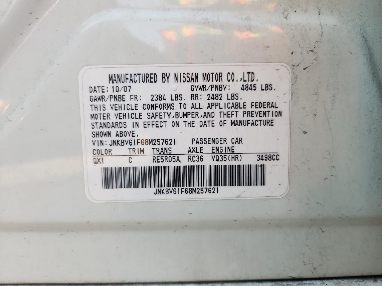 2008 Infiniti G35 VIN: JNKBV61F68M257621 Lot: 71068495