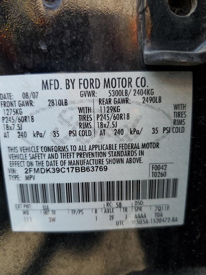 2007 Ford Edge Sel Plus VIN: 2FMDK39C17BB63769 Lot: 94932025