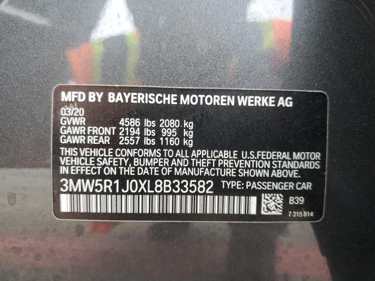 2020 BMW 330I VIN: 3MW5R1J0XL8B33582 Lot: 80404915