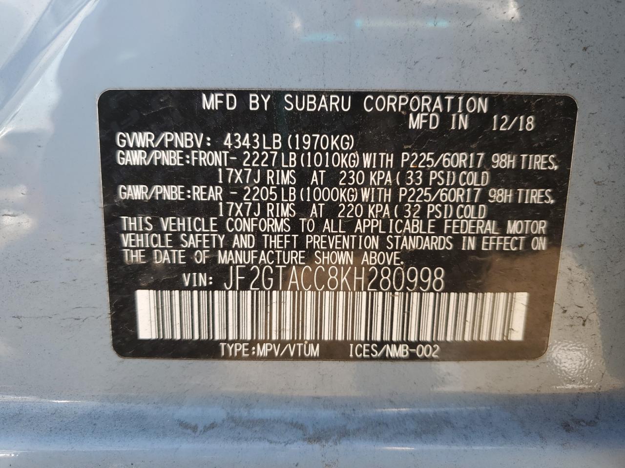 2019 Subaru Crosstrek Premium VIN: JF2GTACC8KH280998 Lot: 72043845