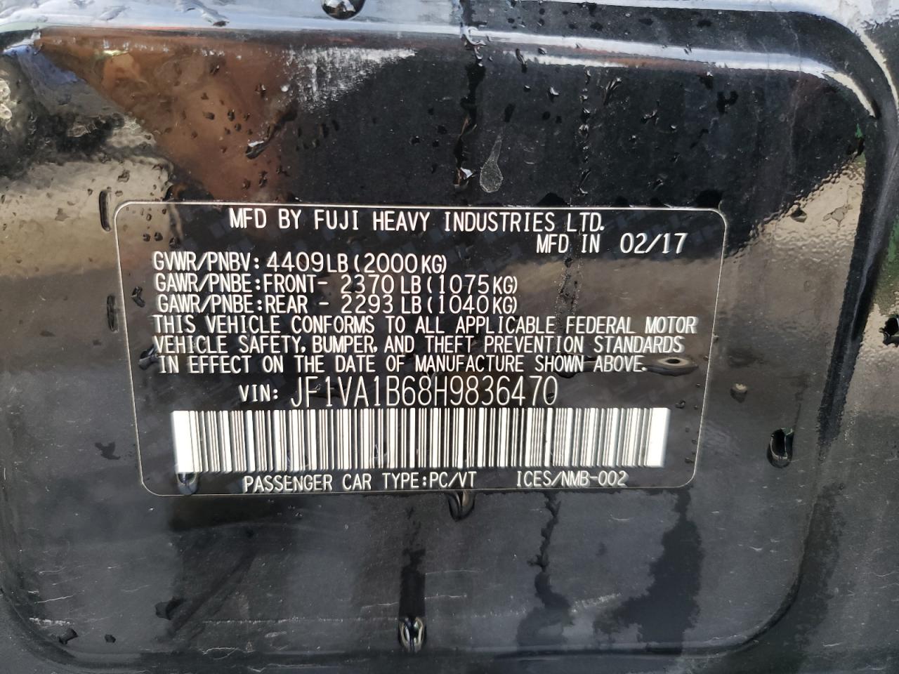 2017 Subaru Wrx VIN: JF1VA1B68H9836470 Lot: 84175775