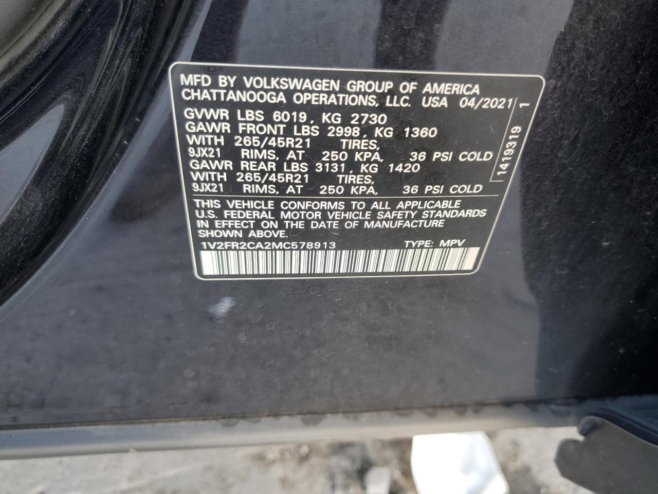 2021 Volkswagen Atlas Sel Premium R-Line VIN: 1V2FR2CA2MC578913 Lot: 84040265