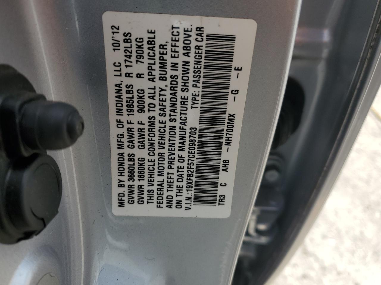 2012 Honda Civic Lx VIN: 19XFB2F57CE098703 Lot: 82058485