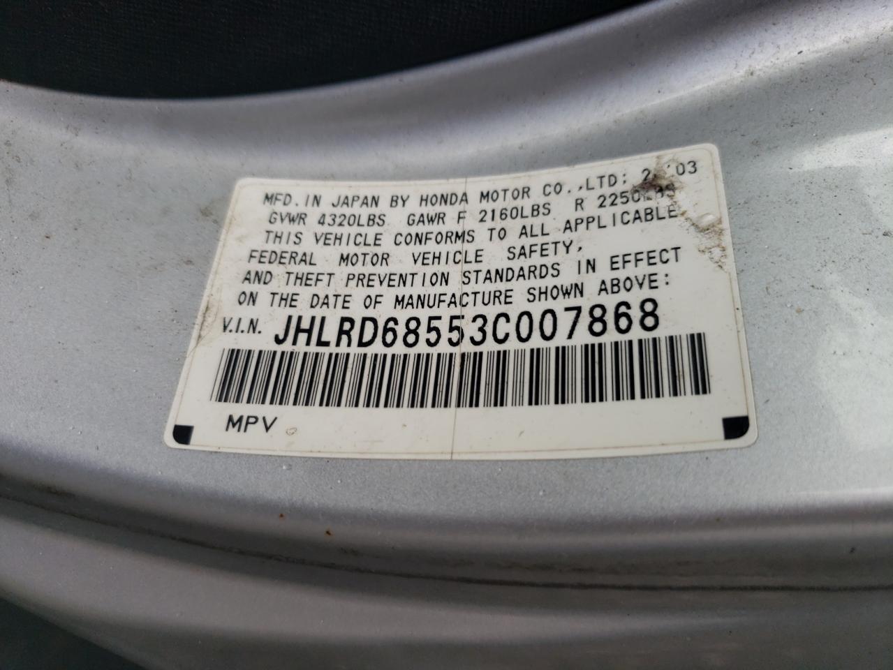 2003 Honda Cr-V Lx VIN: JHLRD68553C007868 Lot: 83844115