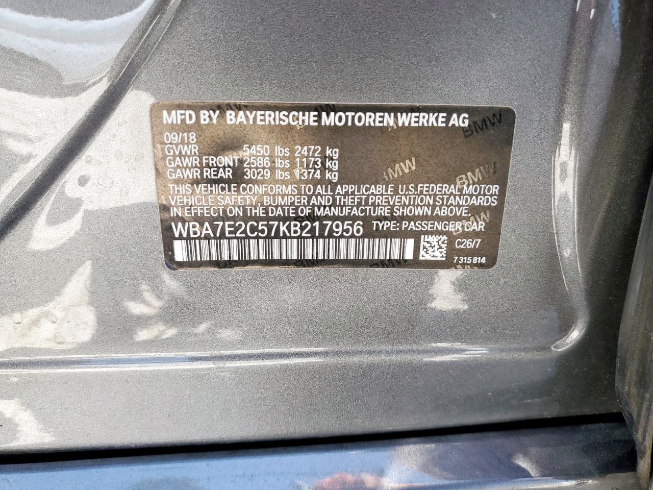 2019 BMW 740 I VIN: WBA7E2C57KB217956 Lot: 80107095