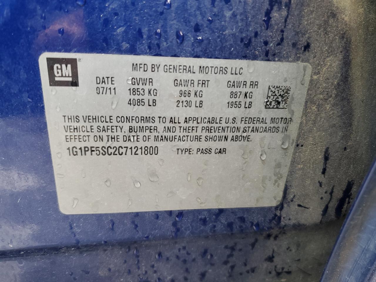 2012 Chevrolet Cruze Lt VIN: 1G1PF5SC2C7121800 Lot: 71798005