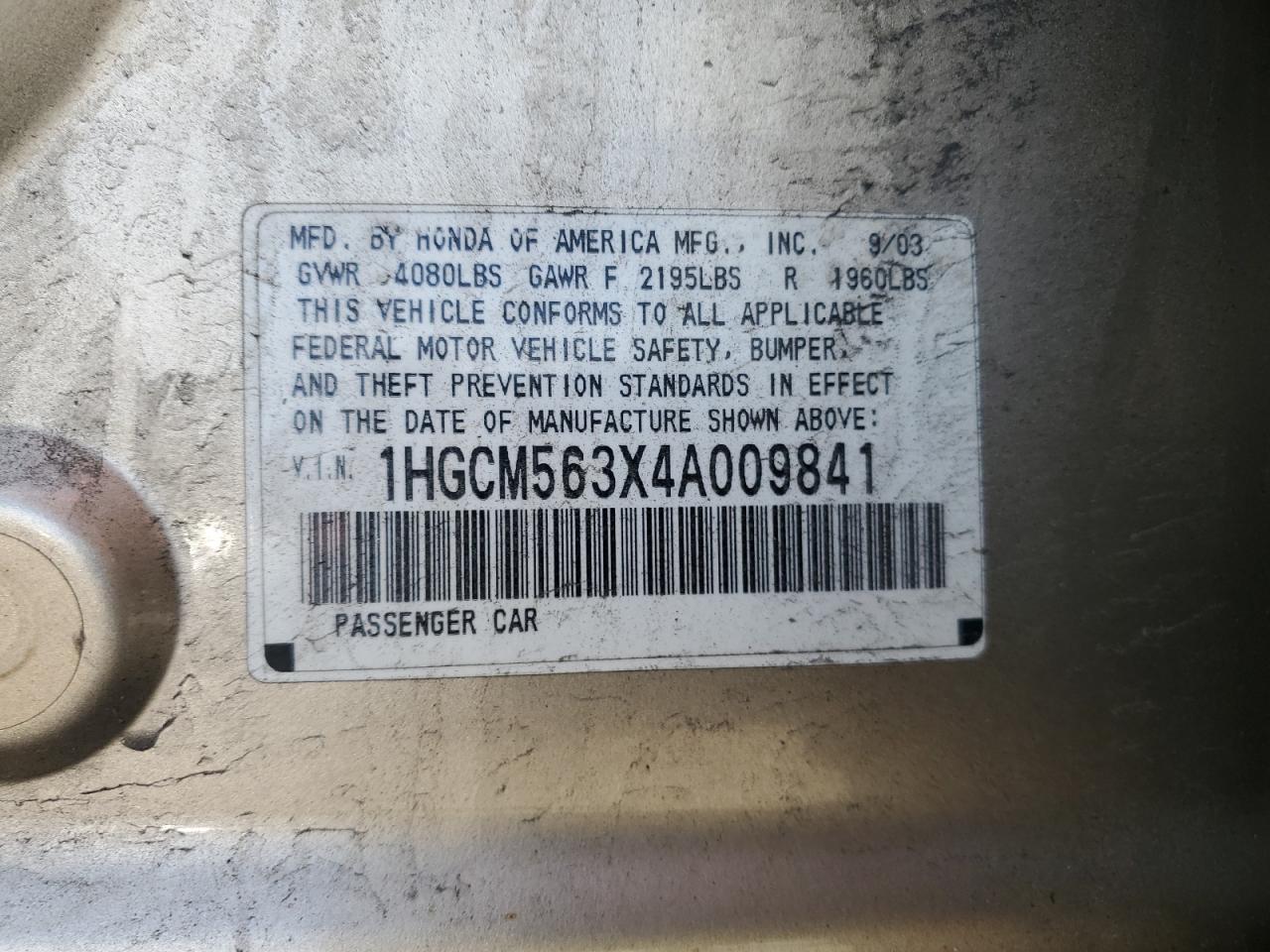 2004 Honda Accord Lx VIN: 1HGCM563X4A009841 Lot: 80165525