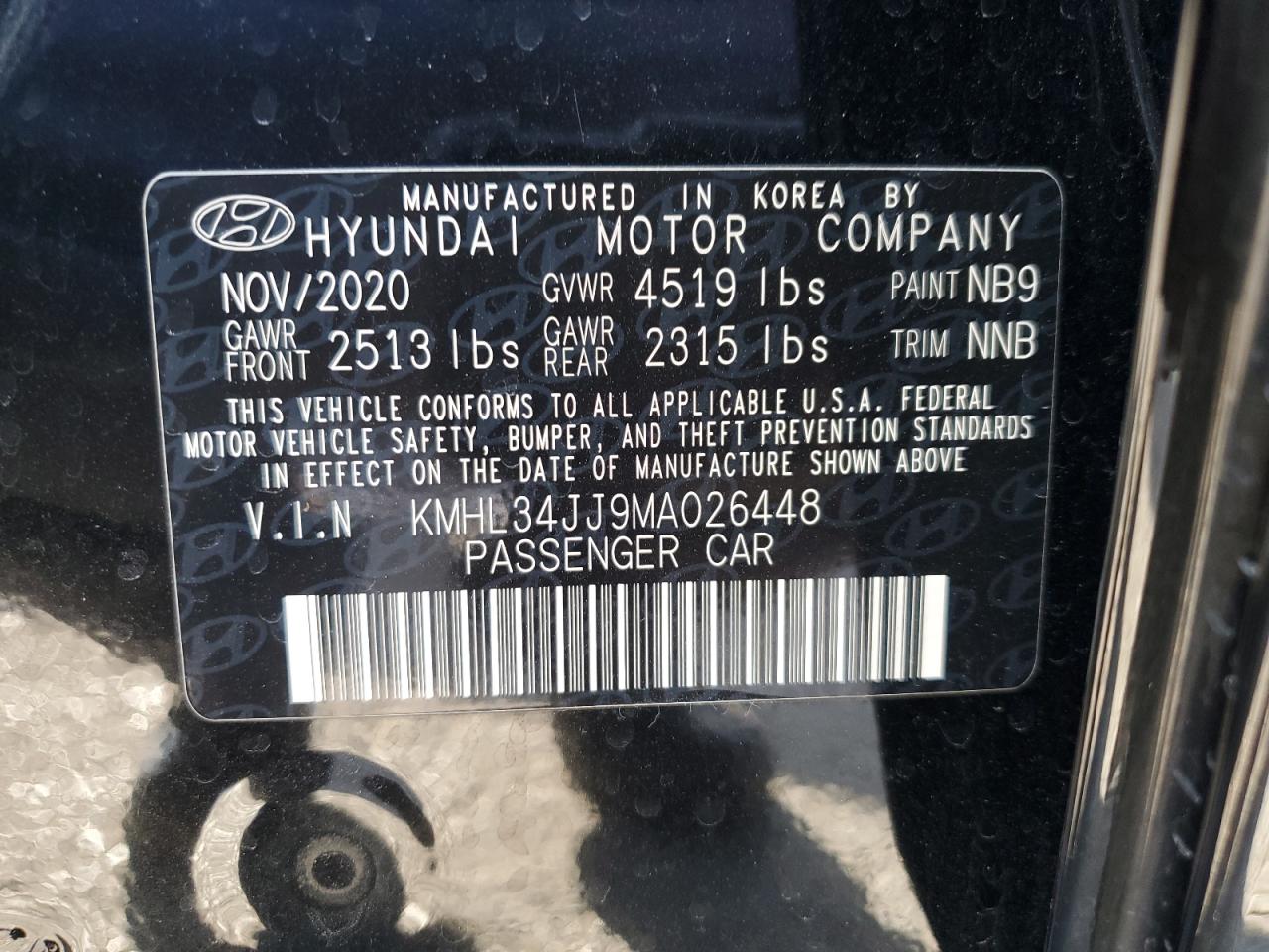 2021 Hyundai Sonata Hybrid VIN: KMHL34JJ9MA026448 Lot: 84400515
