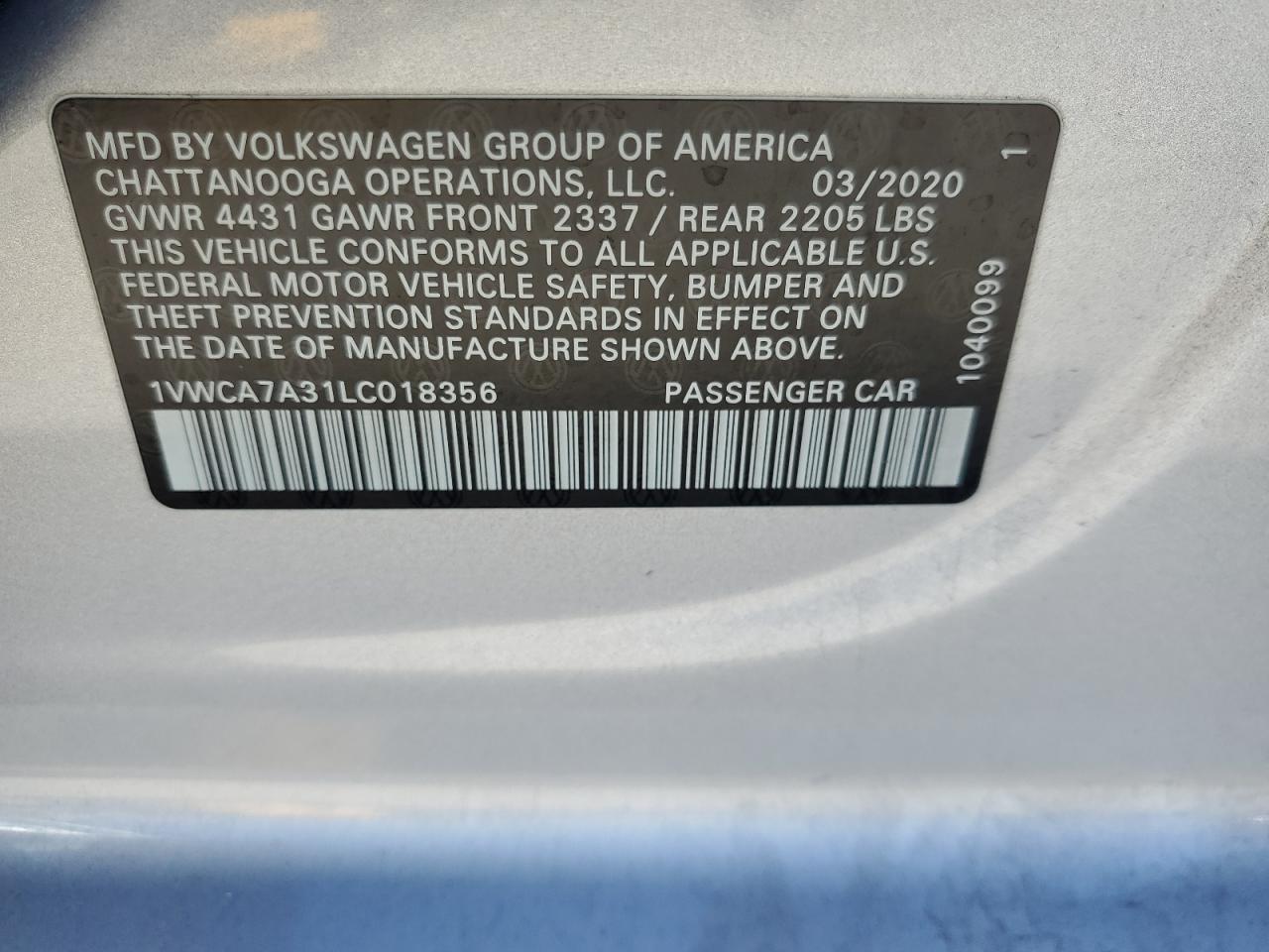 2020 Volkswagen Passat Sel VIN: 1VWCA7A31LC018356 Lot: 84057705