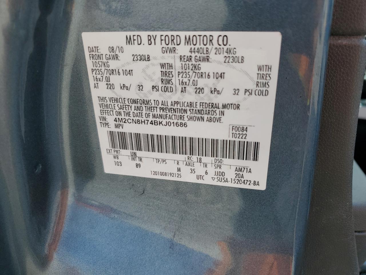 2011 Mercury Mariner Premier VIN: 4M2CN8H74BKJ01686 Lot: 81103315