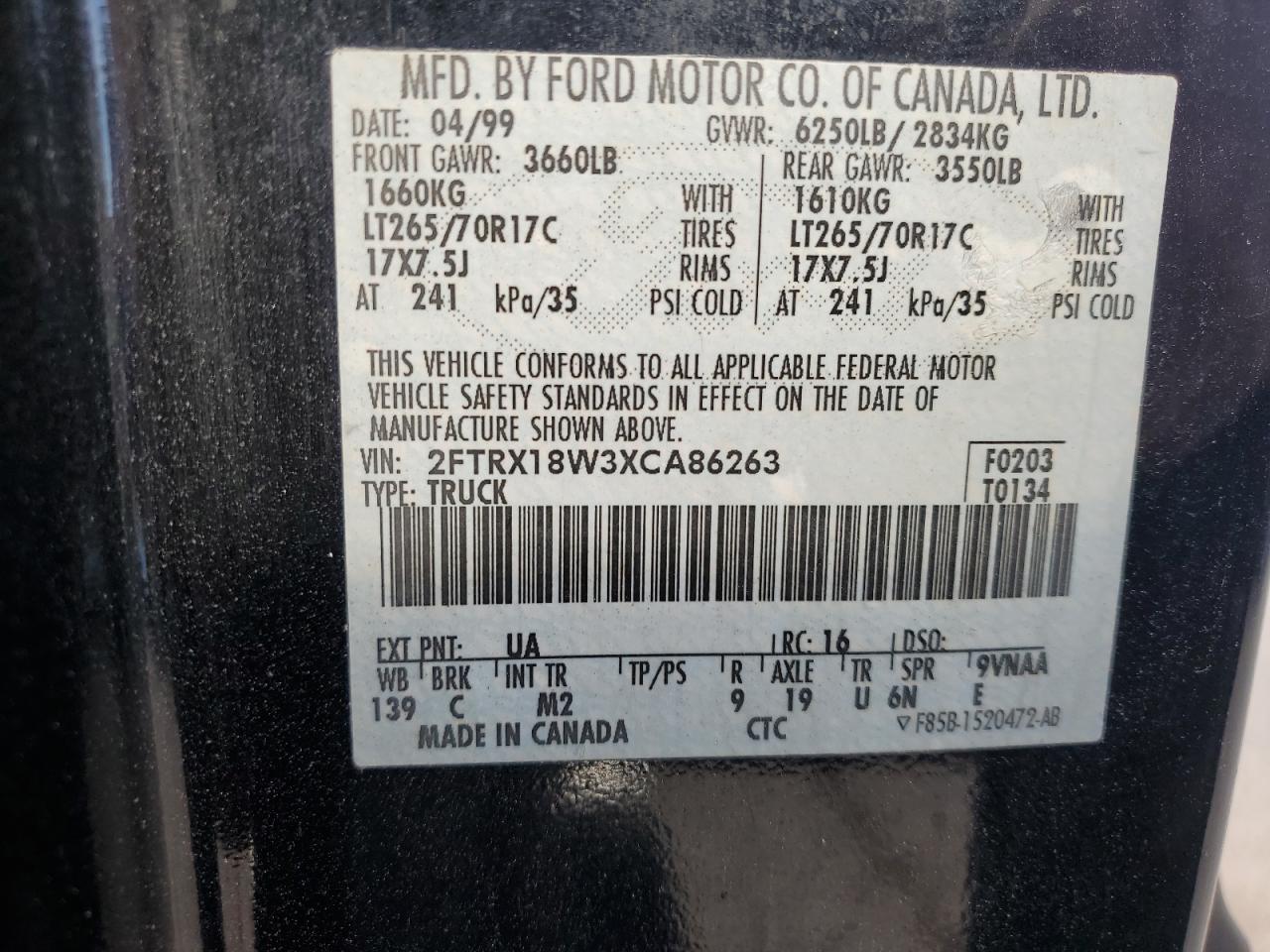 1999 Ford F150 VIN: 2FTRX18W3XCA86263 Lot: 81858165