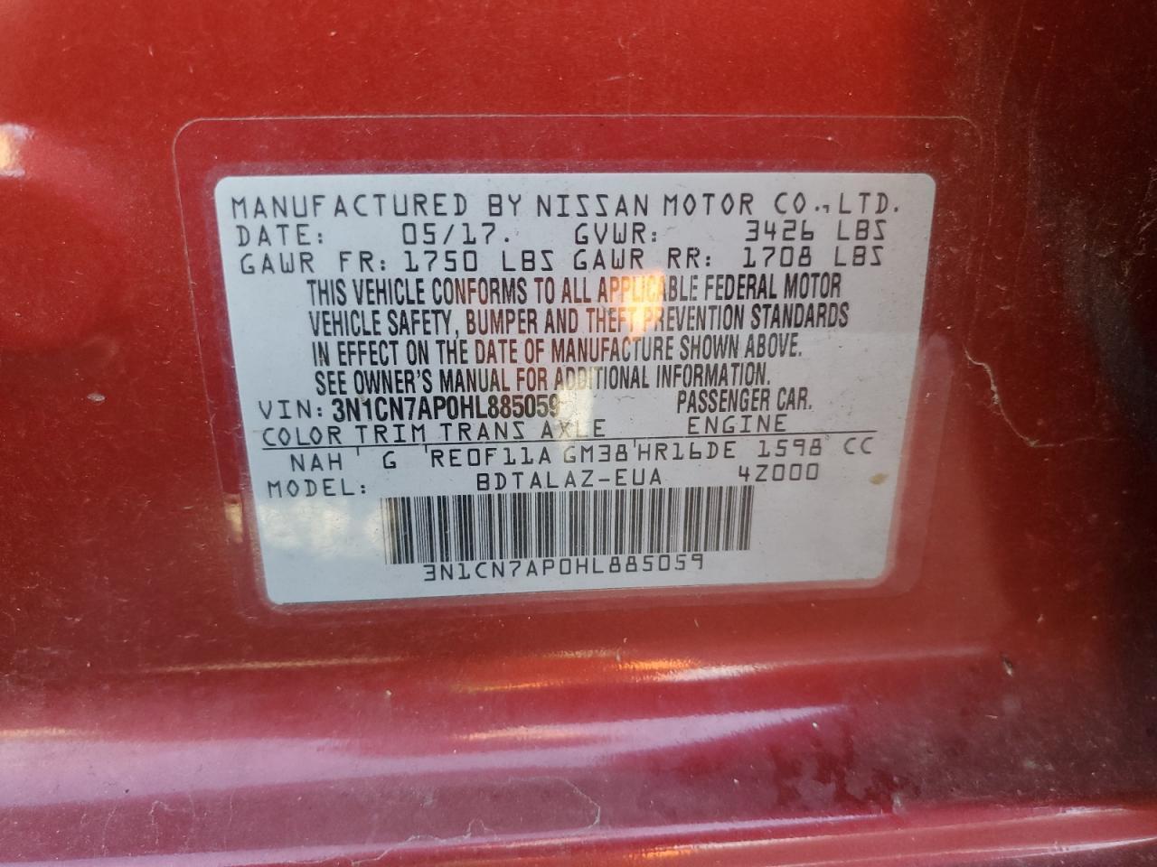 2017 Nissan Versa S VIN: 3N1CN7AP0HL885059 Lot: 81979645