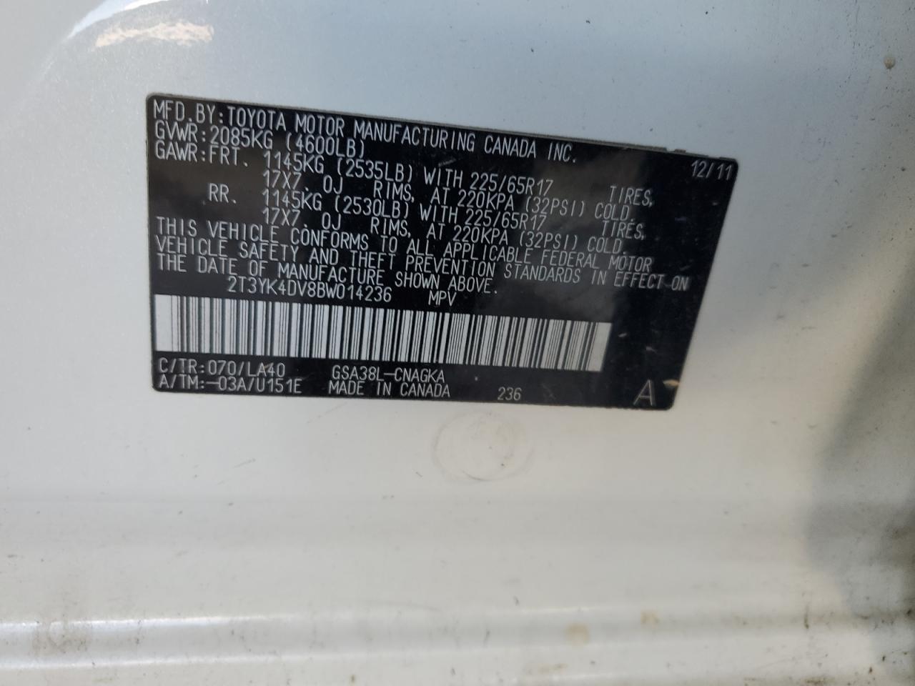 2011 Toyota Rav4 Limited VIN: 2T3YK4DV8BW014236 Lot: 80338695