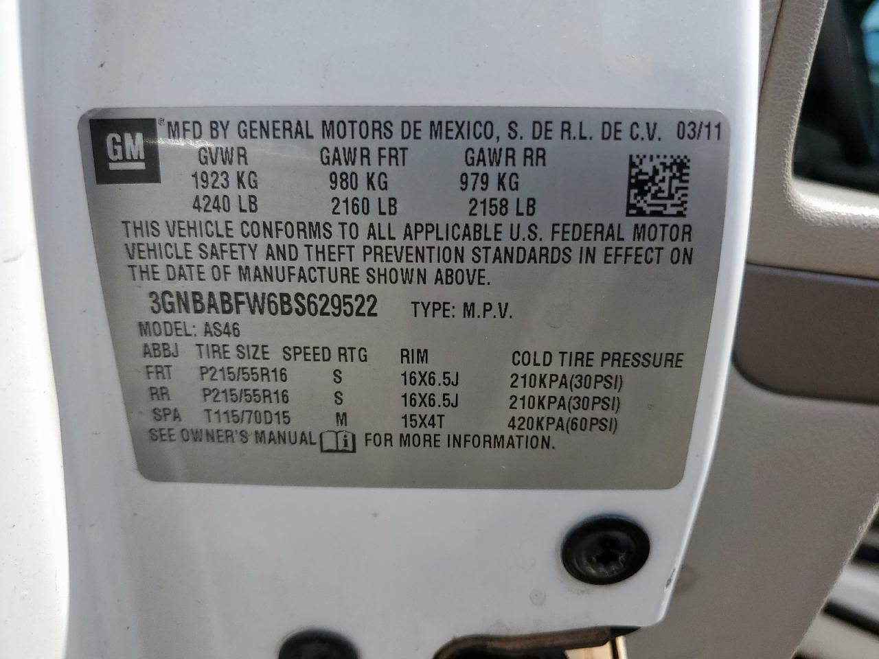 2011 Chevrolet Hhr Lt VIN: 3GNBABFW6BS629522 Lot: 80864945