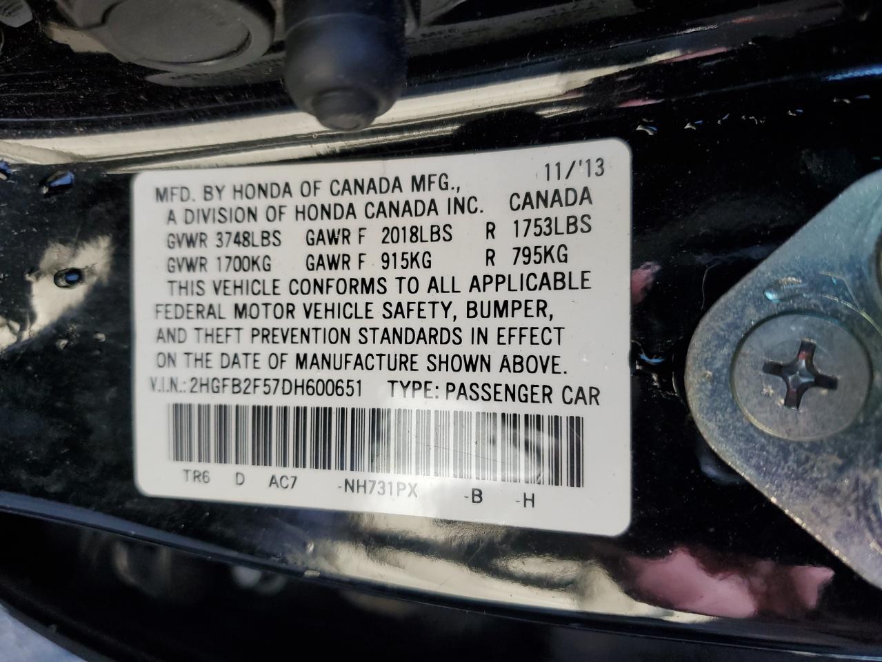 2013 Honda Civic Lx VIN: 2HGFB2F57DH600651 Lot: 82134485