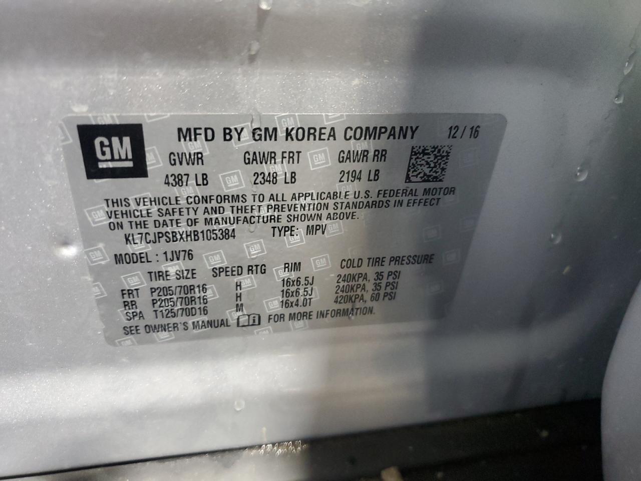 2017 Chevrolet Trax 1Lt VIN: KL7CJPSBXHB105384 Lot: 82145485