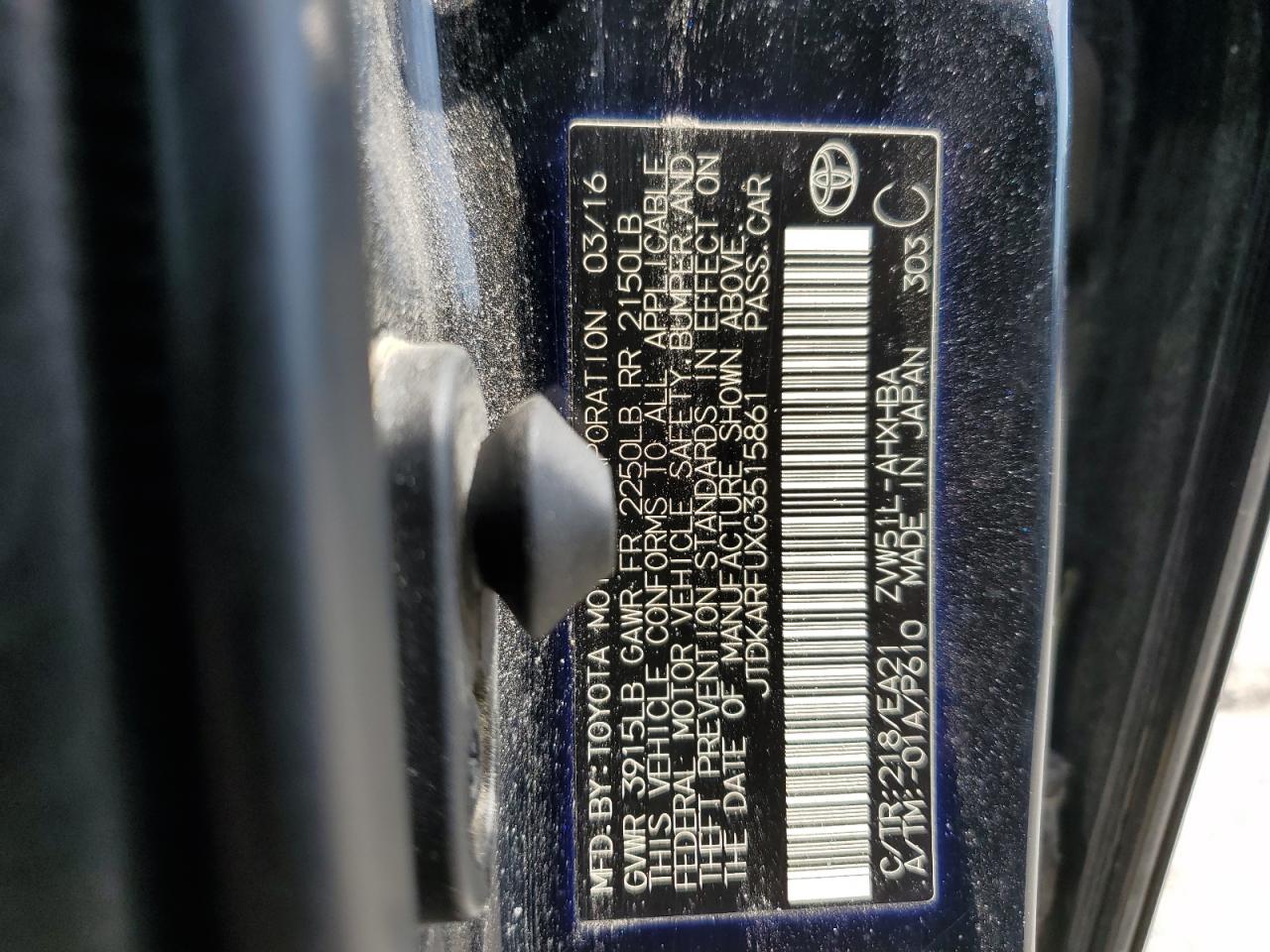 2016 Toyota Prius VIN: JTDKARFUXG3515861 Lot: 84588445