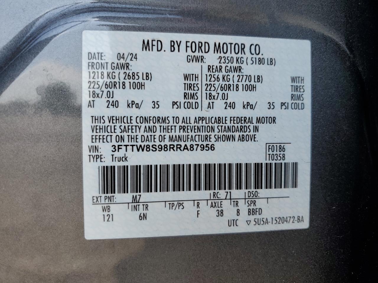 2024 Ford Maverick Lariat VIN: 3FTTW8S98RRA87956 Lot: 81971055