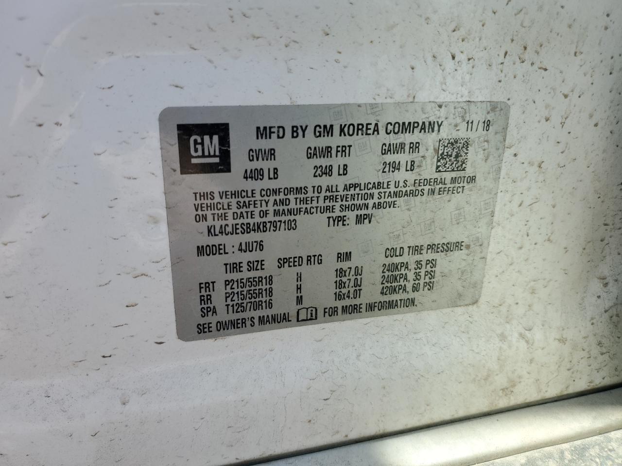 2019 Buick Encore Preferred VIN: KL4CJESB4KB797103 Lot: 80726605