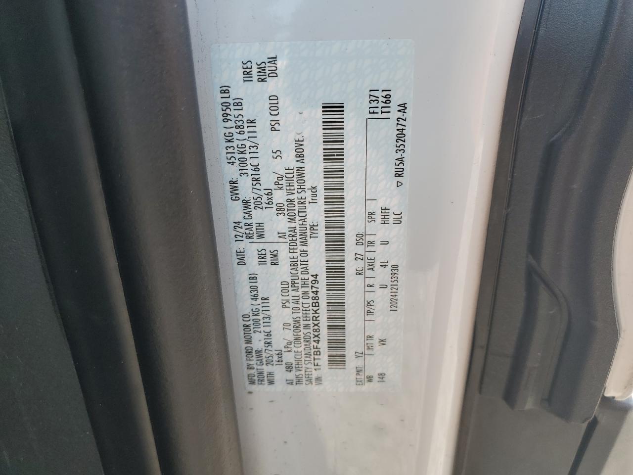 2024 Ford Transit T-350 Hd VIN: 1FTBF4X8XRKB84794 Lot: 71838905